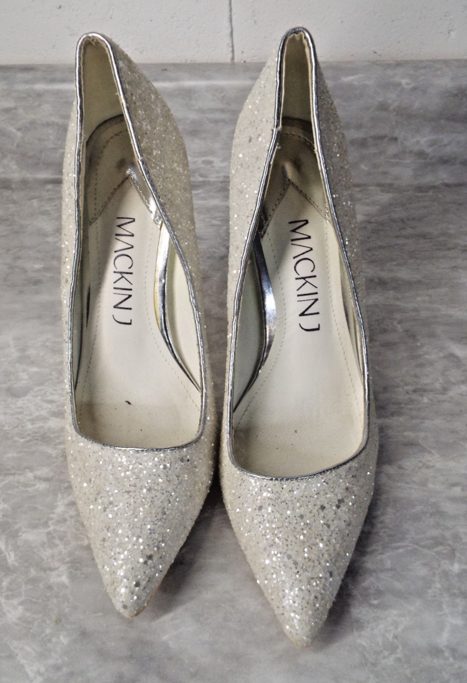 Mackin J High Heel Pointy Toe 5.25in Stiletto Pumps Silver with Glitter Sz US 11